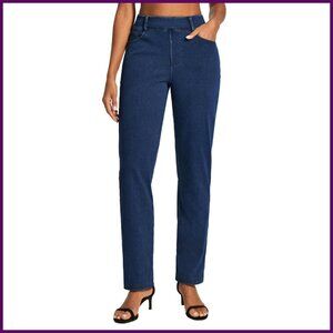 High Waisted Pull On Straight Leg Jeans Stretchy Denim Pants Women's
